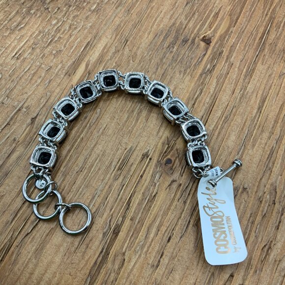 Cosmo Style Faux Onyx Faceted Silver Tone Link Bracelet - Picture 7 of 7